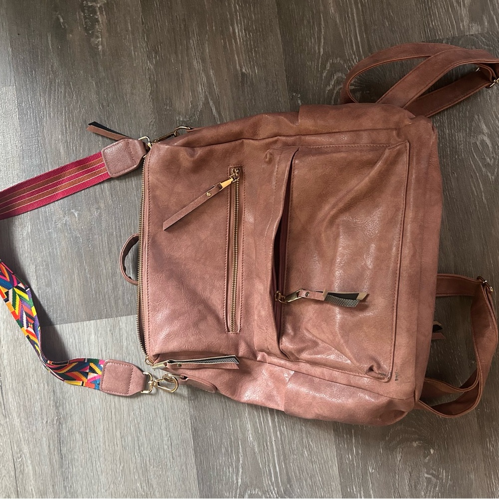 Brown Backpack with Colorful Strap